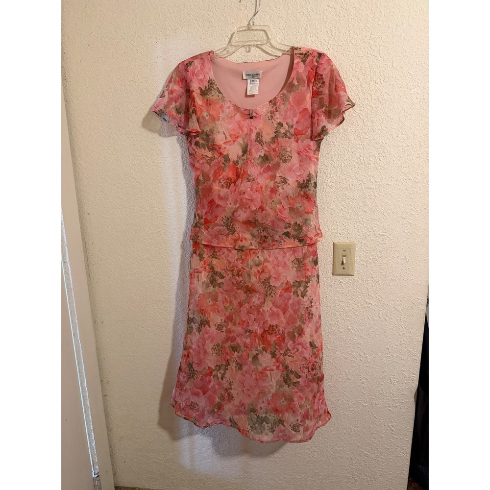 Miss Dorby Womens Pink Floral Chiffon Midi Dress Short Flutter Sleeve Size 8